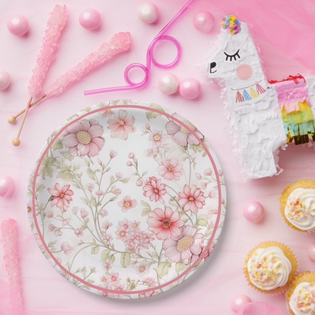 Pink Flower Stems  Paper Plates (Party)
