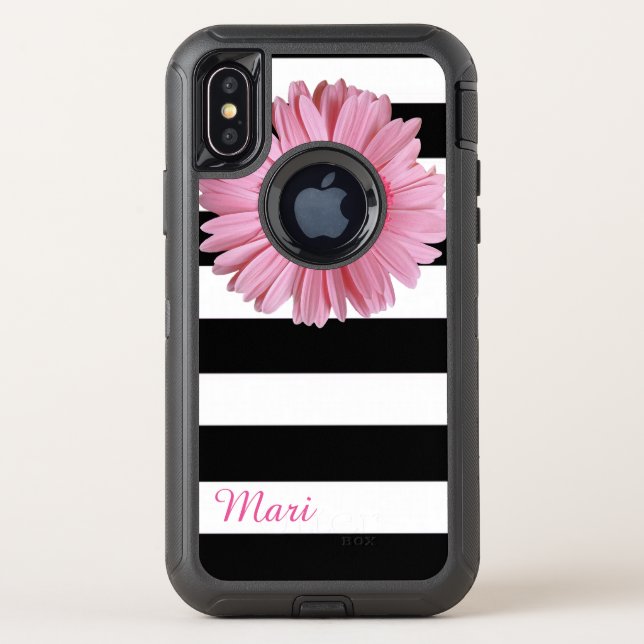 Pink Flower Striped Otterbox iPhone X Case (Back)
