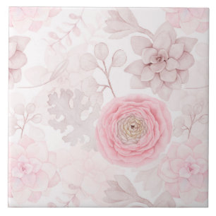 Pink Flower Succulent Illustration Summer Pattern Ceramic Tile