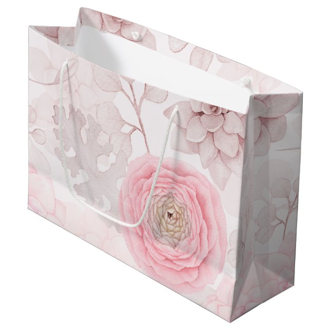 Pink Flower Succulent Illustration Summer Pattern Large Gift Bag (Front Angled)