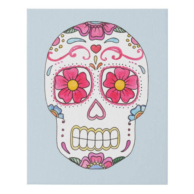 Pink Flower Sugar Skull Faux Canvas Print (Front)
