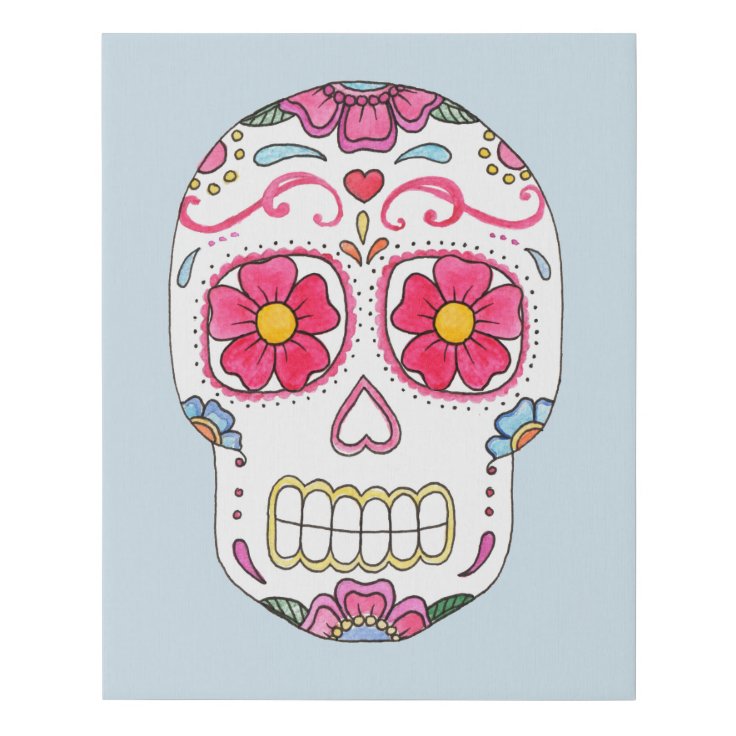 Pink Flower Sugar Skull Faux Canvas Print 