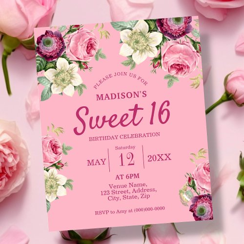 Pink Flower Sweet 16 Birthday Invitation