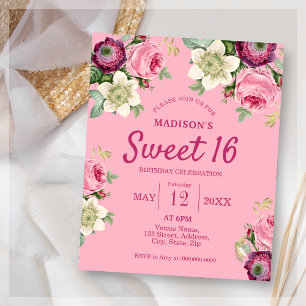 Pink Flower Sweet 16 Birthday Invitation