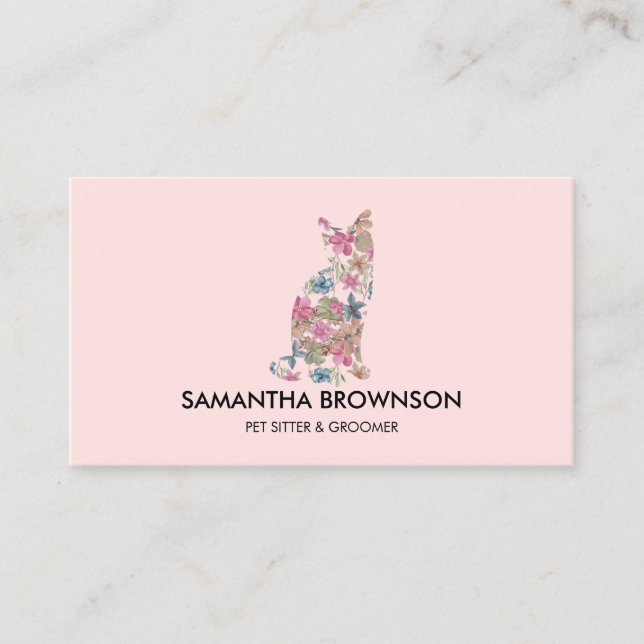 Pink Flower Texture Cat Pet Sitting Business Card (Front)