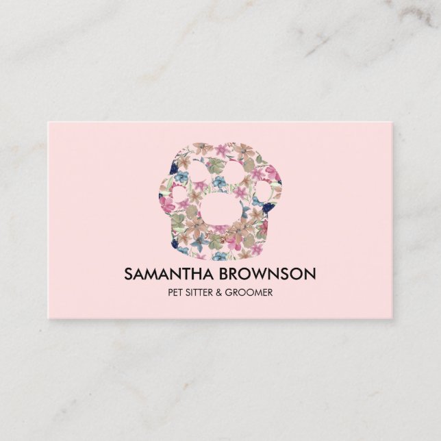 Pink Flower Texture Paw Pet Sitting Business Card (Front)