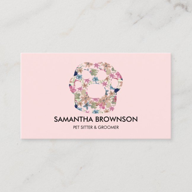 Pink Flower Texture Paw Pet Sitting Business Card