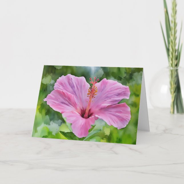Pink Flower Tropical Hibiscus Floral Art Note Card (Front)