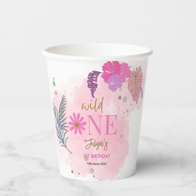 Pink flower tropical leaf baby girl 1st Birthday   Paper Cups (Front)