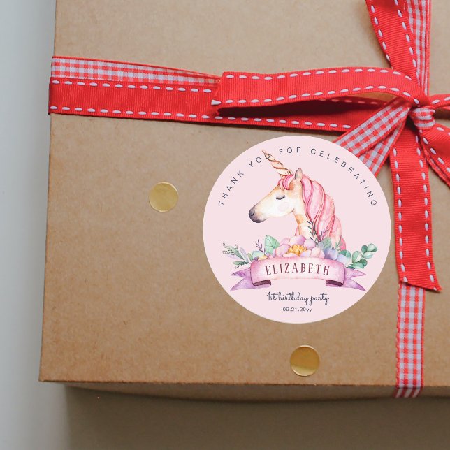 Pink Flower Unicorn Girl Birthday Gift Classic Round Sticker (Pink Flower Unicorn Girl Birthday Gift Classic Round Sticker)
