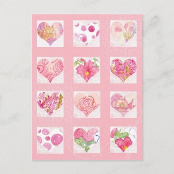 Pink Flower Watercolor Hearts Collage Roses Cat Postcard by CountryGarden at Zazzle