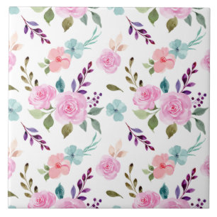 Pink flower watercolor seamless ceramic tile