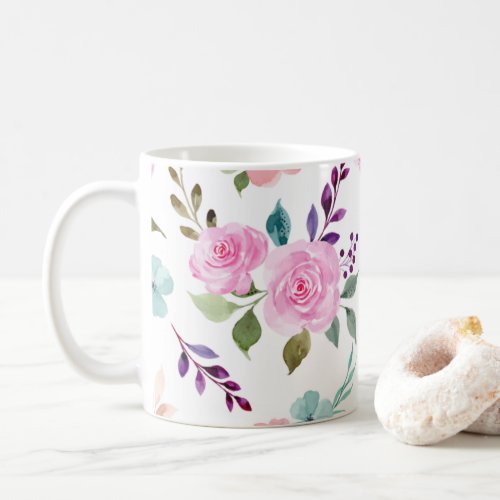 Pink flower watercolor seamless coffee mug