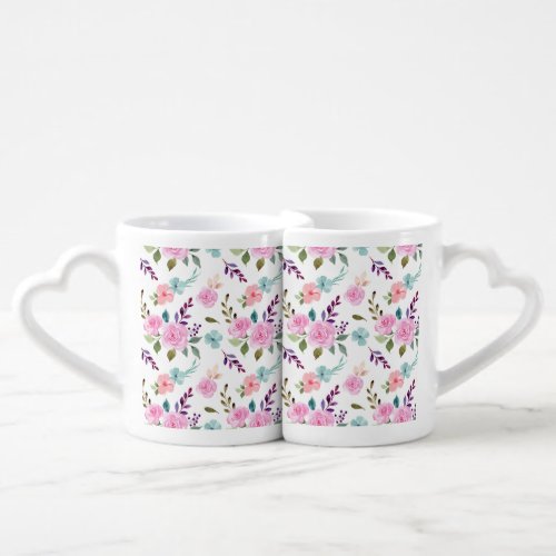 Pink flower watercolor seamless coffee mug set