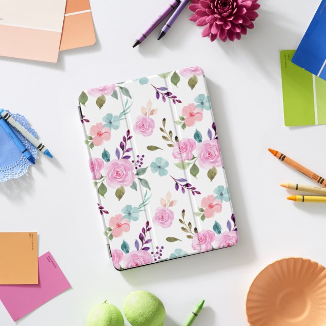 Pink flower watercolor seamless iPad pro cover (Desk)