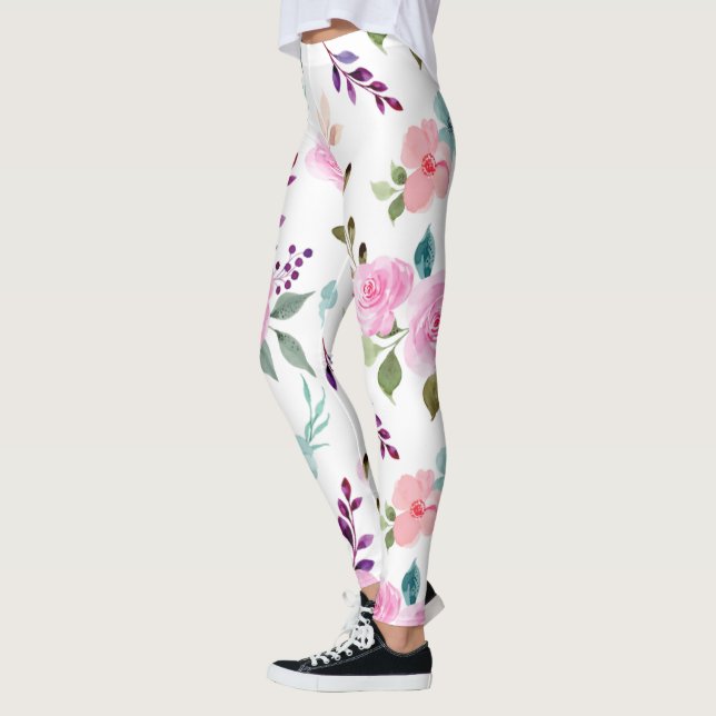 Pink flower watercolor seamless leggings (Left)