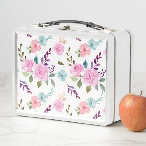 Pink flower watercolor seamless metal lunch box