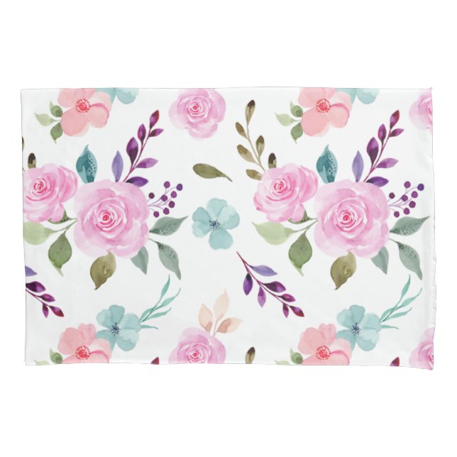 Pink flower watercolor seamless pillow case (Front)