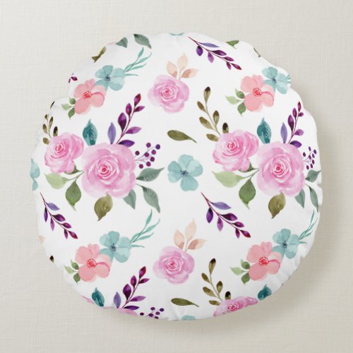 Pink flower watercolor seamless round pillow