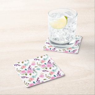 Pink flower watercolor seamless square paper coaster