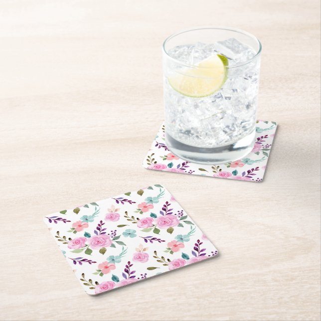 Pink flower watercolor seamless square paper coaster (Insitu)