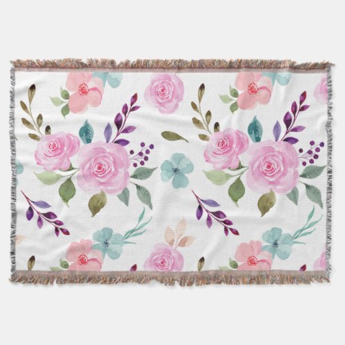 Pink flower watercolor seamless throw blanket