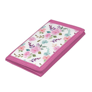 Pink flower watercolor seamless tri-fold wallet