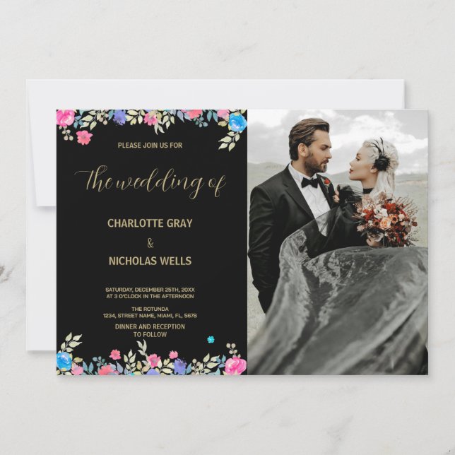Pink Flower Wedding Invitations with photo (Front)