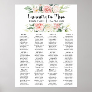 Pink flower wedding seating chart