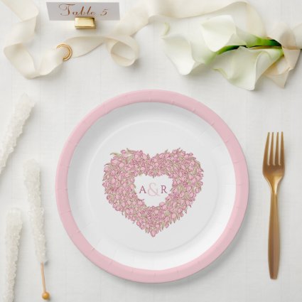 Pink flower wedding tulips heart bouquet monogram paper plates