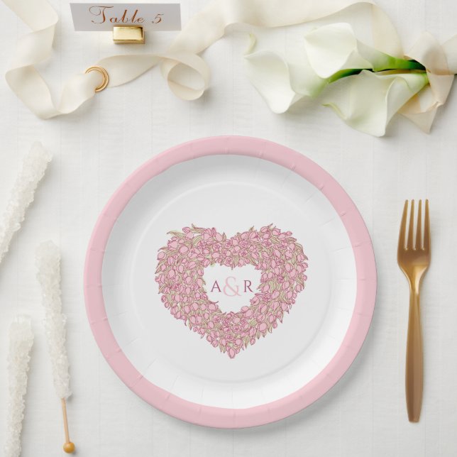 Pink flower wedding tulips heart bouquet monogram paper plates (Wedding)