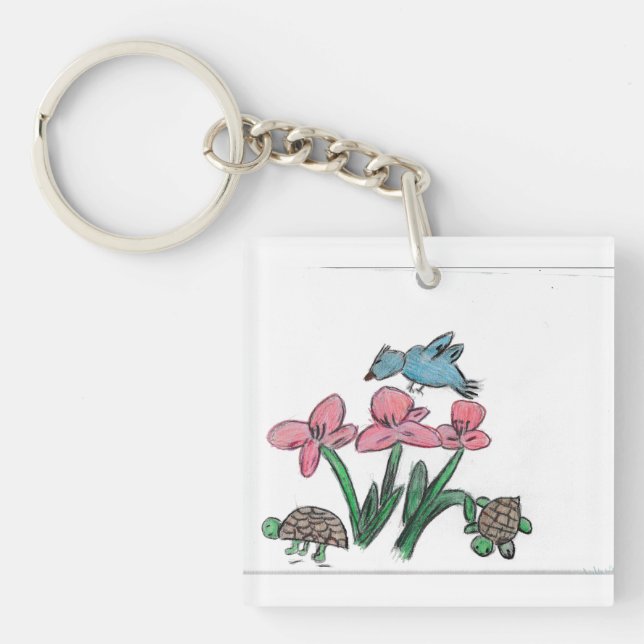 Pink Flower with Bird  Keychain (Front)