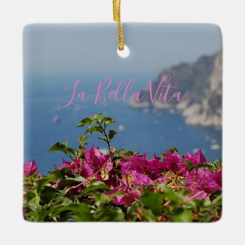 Pink Flower with Ocean View on Capri Italy Ceramic Ornament