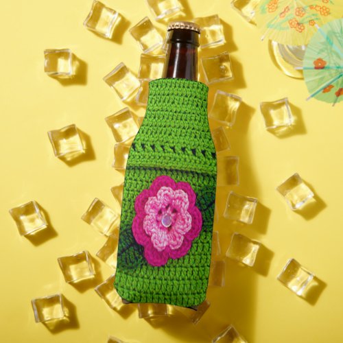 Pink Flower with Pearl Button Light Green Crochet Bottle Cooler