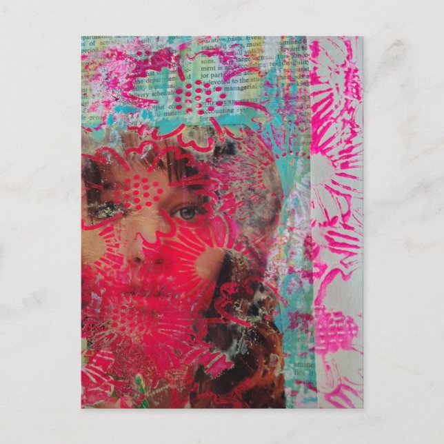 Pink Flower Woman Mixed Media Collage  Postcard (Front)