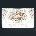 Pink Flower Woodland Forest Animals Girls Birthday Banner<br><div class="desc">This elegant design features soft sage green watercolor greenery,  pink blush flowers,  adorable forest animals and modern lettering. Suitable for a girl 1st birthday / baby shower.</div>