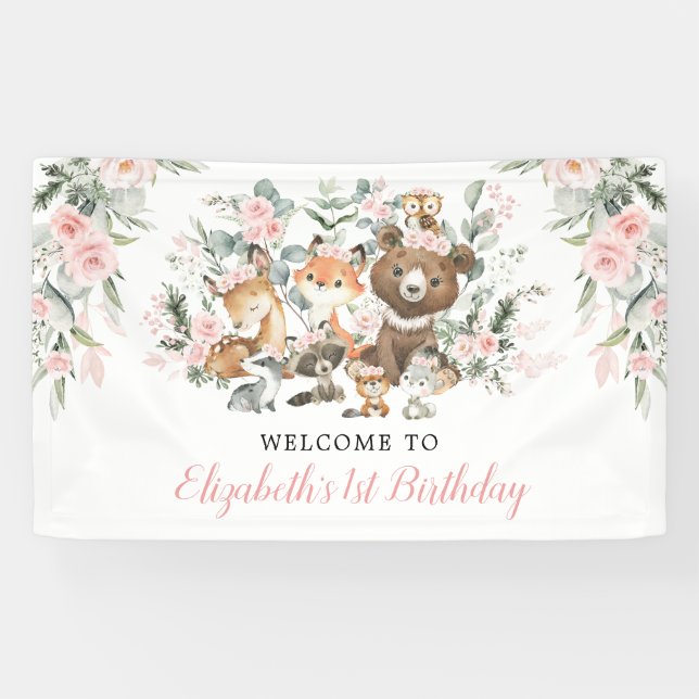 Pink Flower Woodland Forest Animals Girls Birthday Banner (Horizontal)