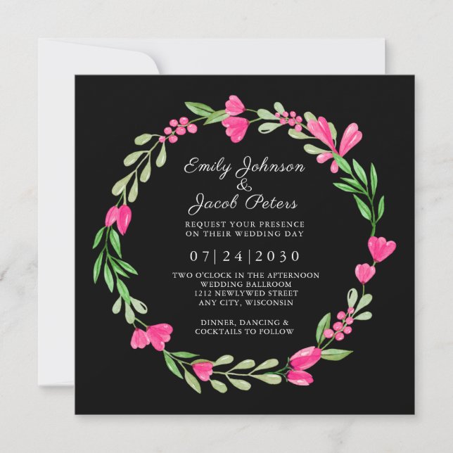 Pink Flower Wreath Elegant Floral Wedding Black Announcement (Front)