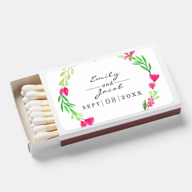 Pink Flower Wreath Elegant Floral Wedding White Matchboxes (Front Open)