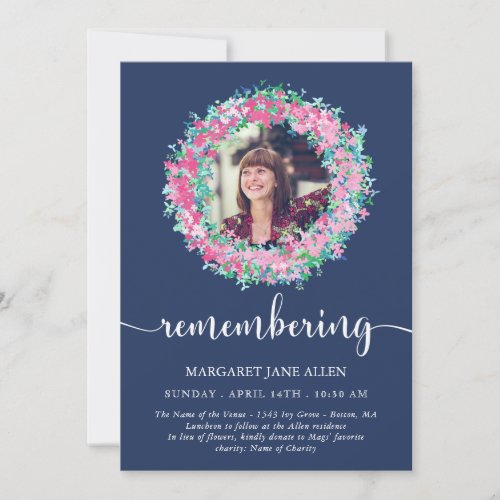 Pink Flower Wreath Photo Memorial Service Invitation