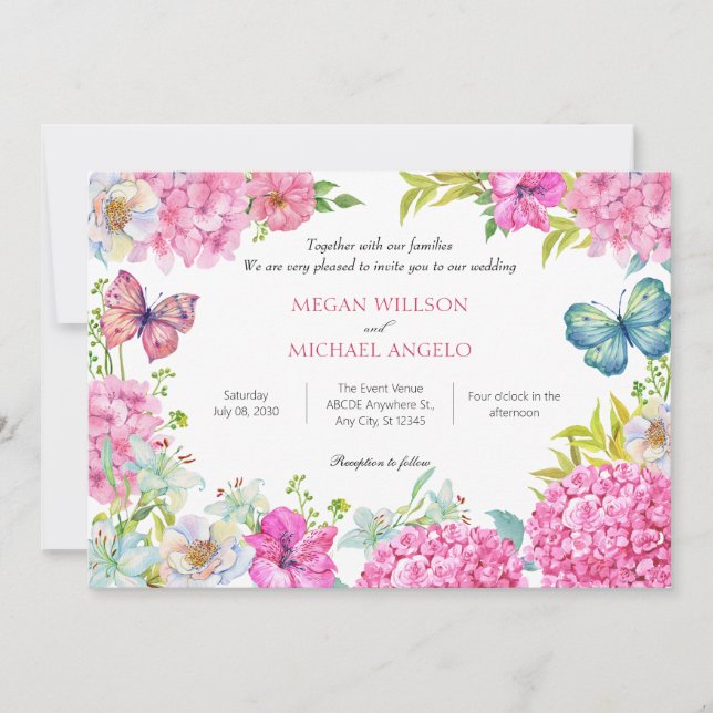 Pink flower wreath watercolor wedding invitation (Front)