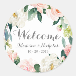 Pink Flower Wreath Wedding Welcome Stickers