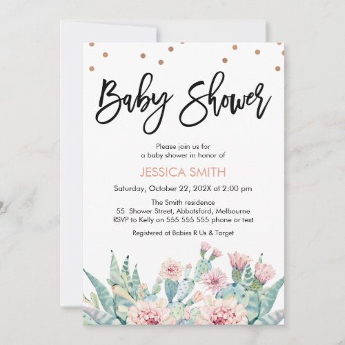 Pink Flowering Cactus Baby Shower Invitation