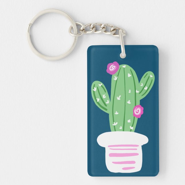 Pink Flowering Cactus Doodle | Personalized Keychain (Front)
