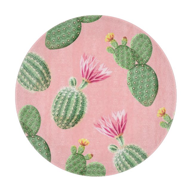 Pink Flowering Cactus Light Background Cutting Board (Front)