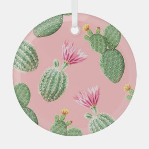 Pink Flowering Cactus Light Background Glass Ornament