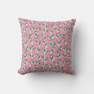 pink flowering dogwood line drawing floral on aqua throw pillow