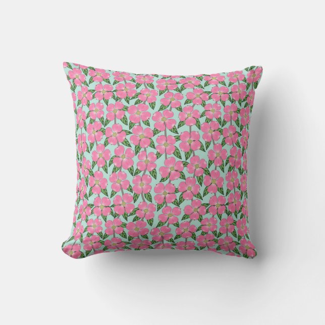 pink flowering dogwood line drawing floral on aqua throw pillow (Front)