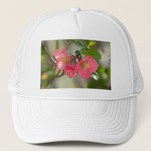 Pink Flowering Quince Glow Trucker Hat (Front)