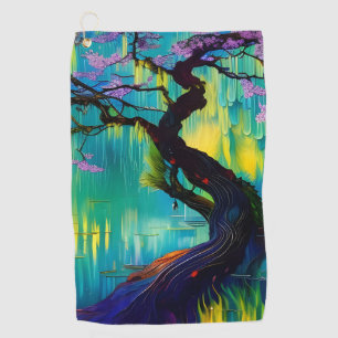 Pink Flowering Tree over turquoise Water Golf Towel